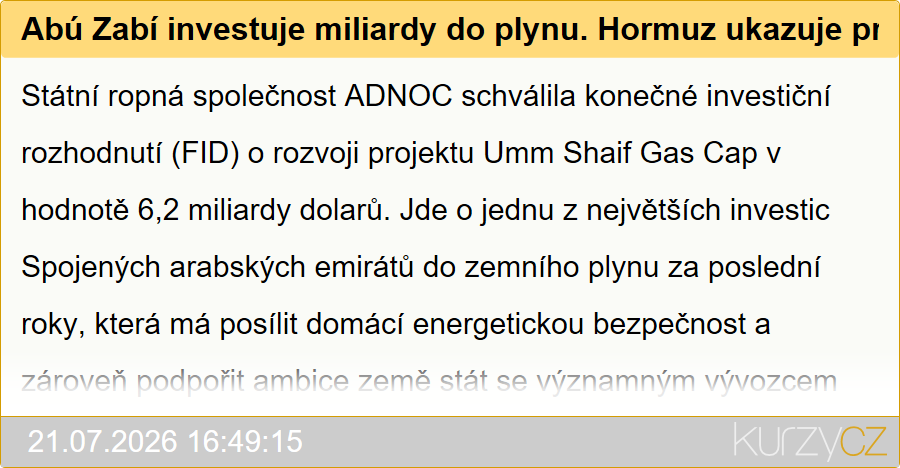 Abú Zabí investuje miliardy do plynu. Hormuz ukazuje proč