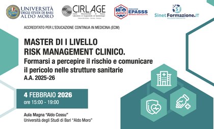 PRESENTAZIONE MASTER DI I LIVELLO “Risk Management Clinico” | 4 febbraio 2026 – ore 15:00 | Aula Magna “Aldo Cossu” – UniBa