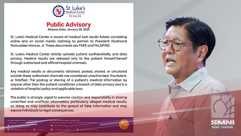 Kumakalat na medical result ni PBBM, tinawag na peke ng St. Luke’s