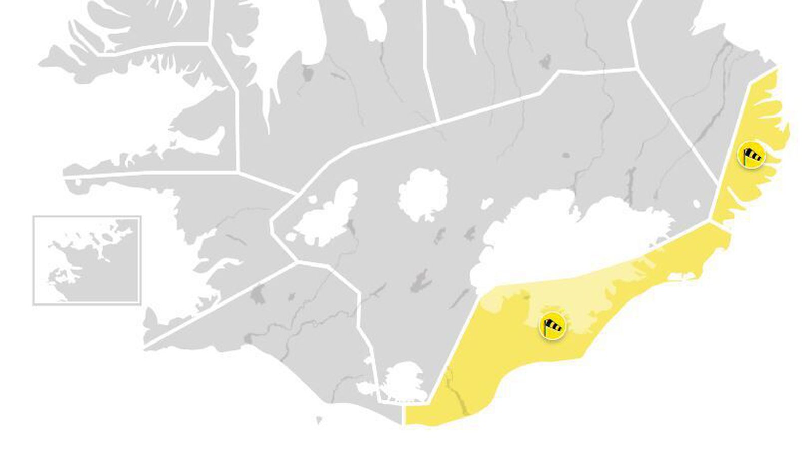Gular við­varanir og allt að 45 metrar á sekúndu í hviðum
