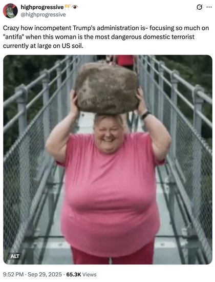 AI Lady With Rock Breaking Glass Bridge - Crazy how incompetent Trump's administration is- focusing so much on "antifa" when this woman is the most dangerous domestic terrorist currently at large on US soil.