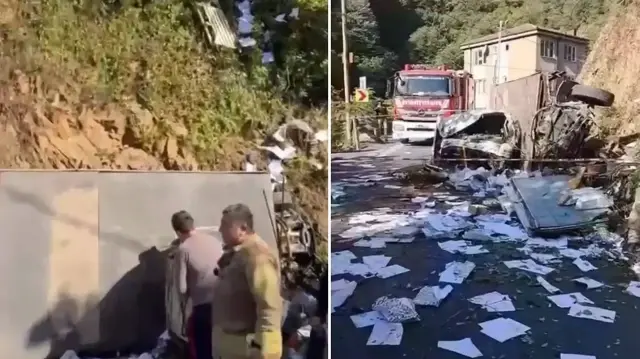Sarıyer'de şoförünün direksiyon hakimiyetini kaybettiği kamyon alt yola düştü