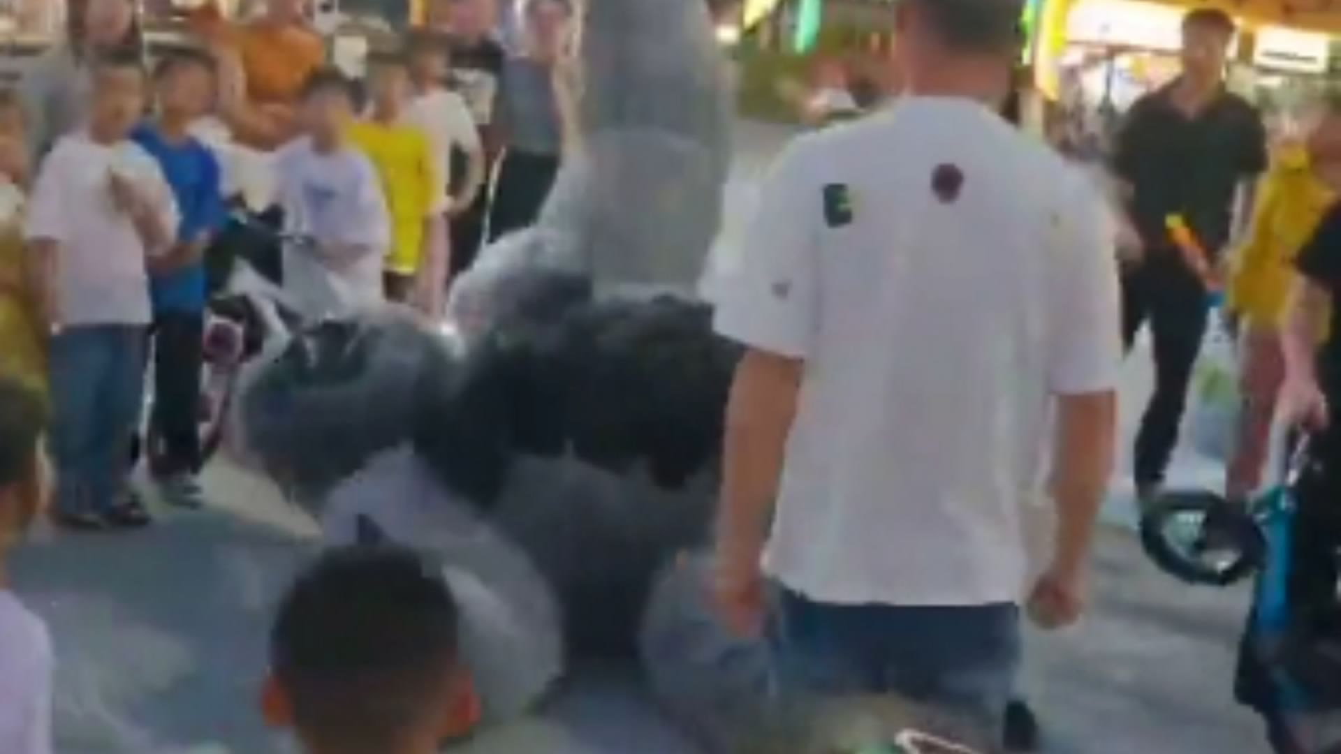 Moment furious dad BOOTS gorilla mascot who knocked over child – as costumed bloke is sent flying and unable to get up