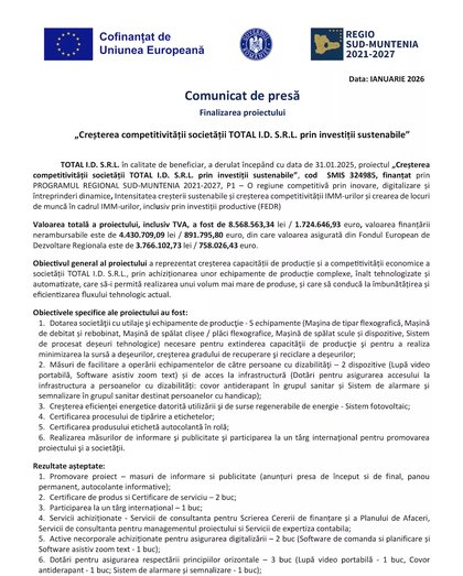 Finalizarea proiectului „Creșterea competitivității societății TOTAL I.D. S.R.L. prin investiții sustenabile”