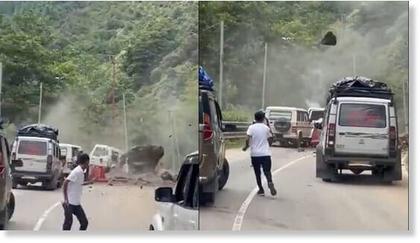 Massive landslide during ongoing rainfall hits vehicles in Arunachal Pradesh, India