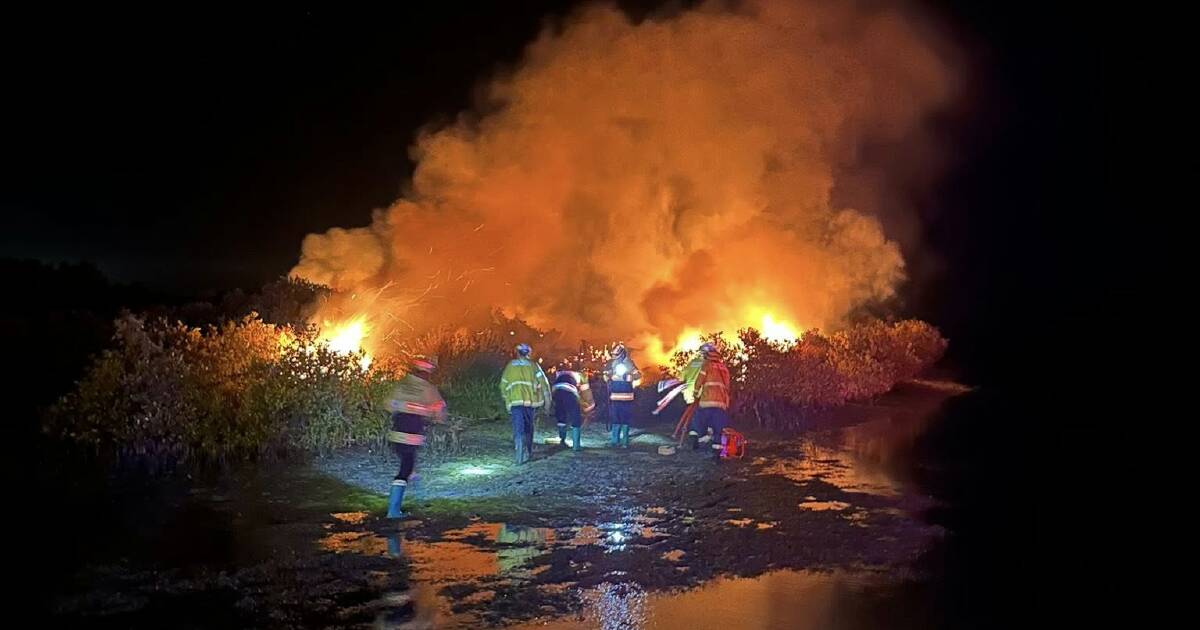 Firefighters wade to lake island with gear to fight blaze