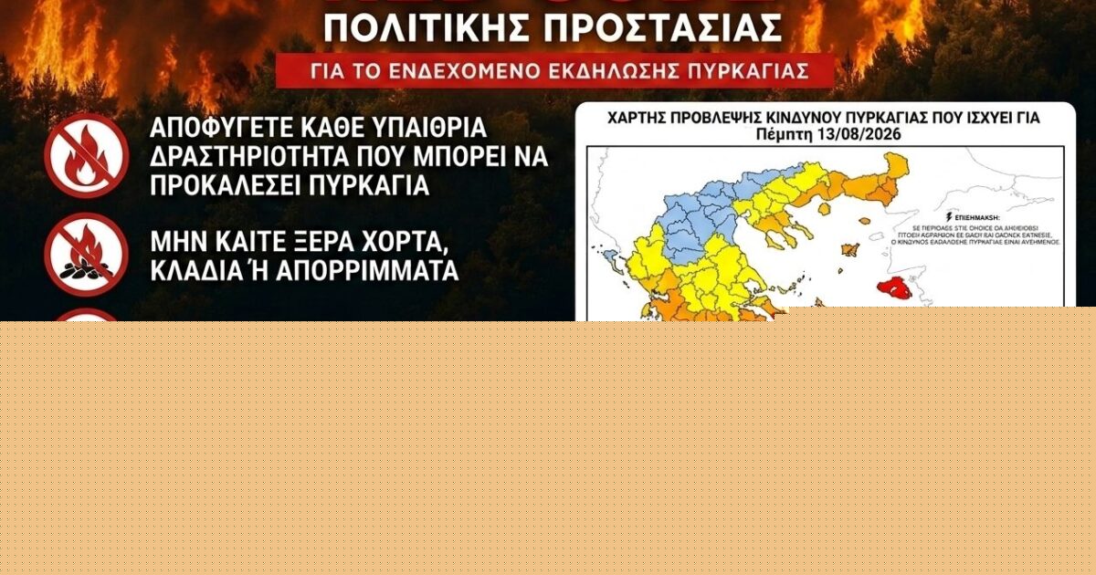 Συναγερμός Πολιτικής Προστασίας στον Δήμο Ήλιδας: Στο «κόκκινο» την Πέμπτη 13 Αυγούστου λόγω πολύ υψηλού κινδύνου πυρκαγιάς