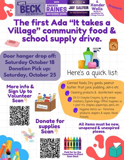First “It Takes a Village” Food and School Supply Drive Set for October in Ada
