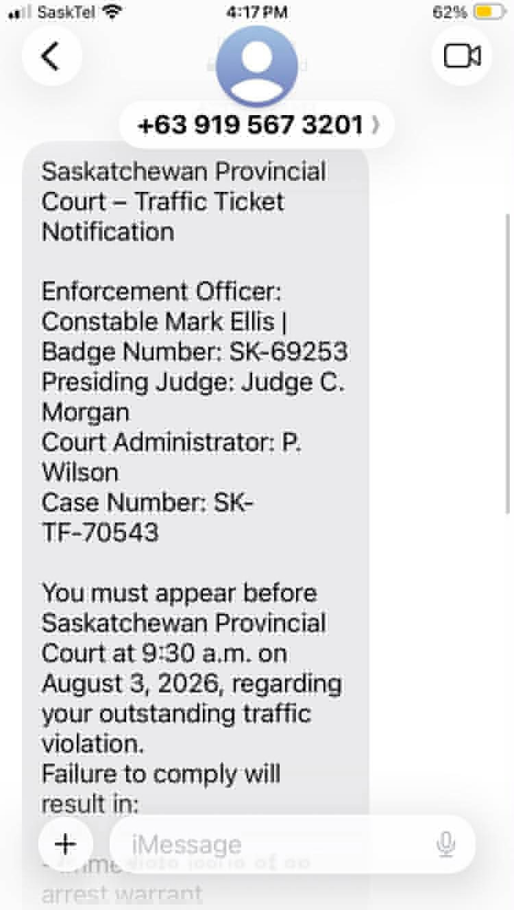 Scam text messages regarding court appearances continue in Prince Albert and area