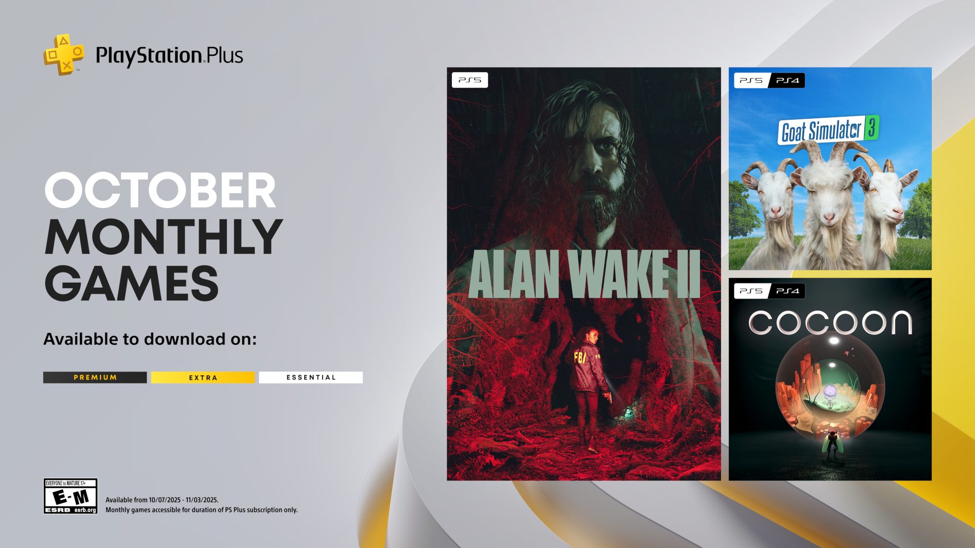 PlayStation Plus Monthly Games for October: Alan Wake 2, Goat Simulator 3, Cocoon
