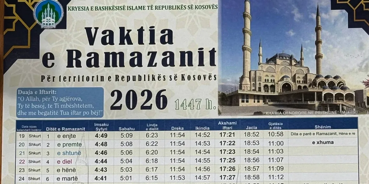 Vaktia e Ramazanit 2026 në Kosovë: Orari i syfyrit dhe iftarit