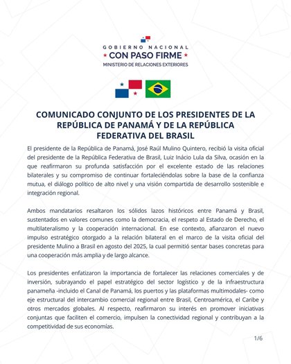 COMUNICADO CONJUNTO DE LOS PRESIDENTES DE LA REPÚBLICA DE PANAMÁ Y DE LA REPÚBLICA FEDERATIVA DEL BRASIL