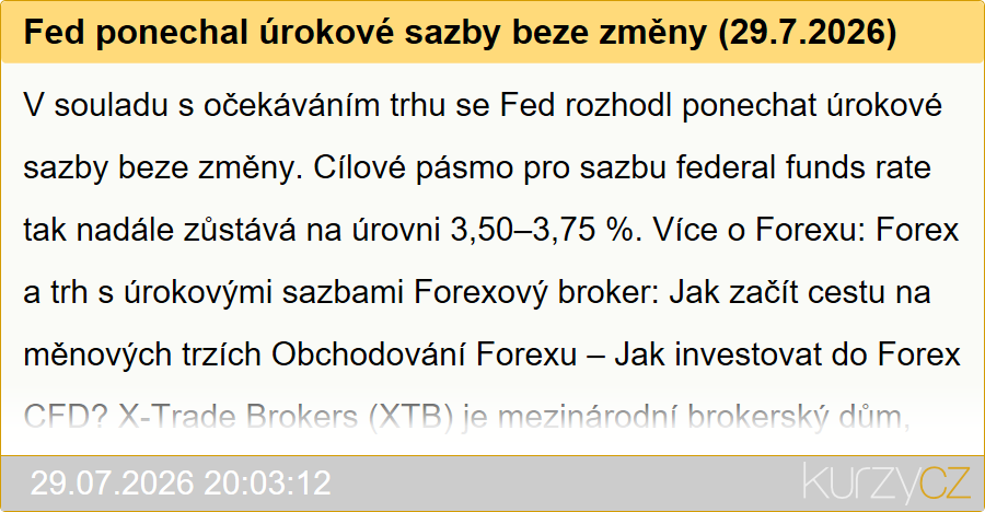 Fed ponechal úrokové sazby beze změny (29.7.2026)