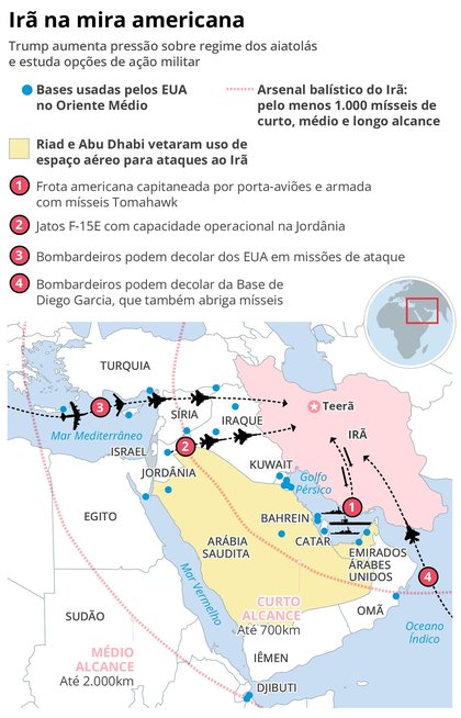 Mapa mostra opções de ataque dos EUA ao Irã sem Arábia Saudita e Emirados Árabes Unidos; veja