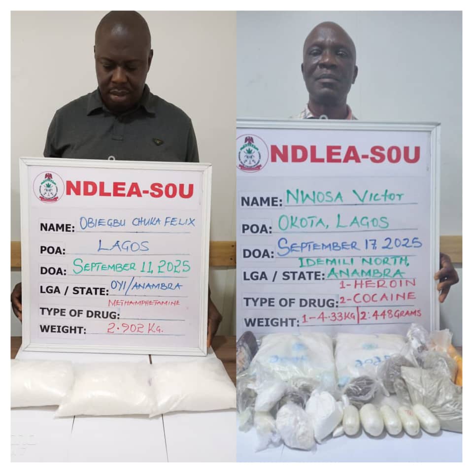 NDLEA arrests two drug kingpins with consignments of cocaine, heroin, meth in Lagos