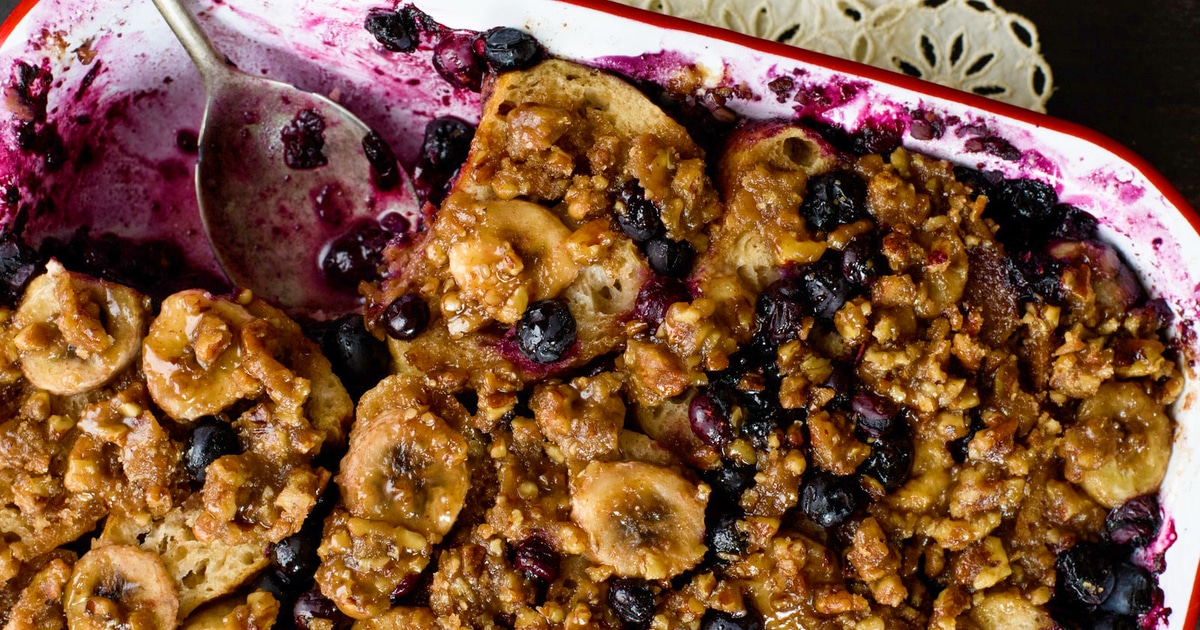 Vegan Buttery Blueberry-Banana and Praline French Toast Casserole