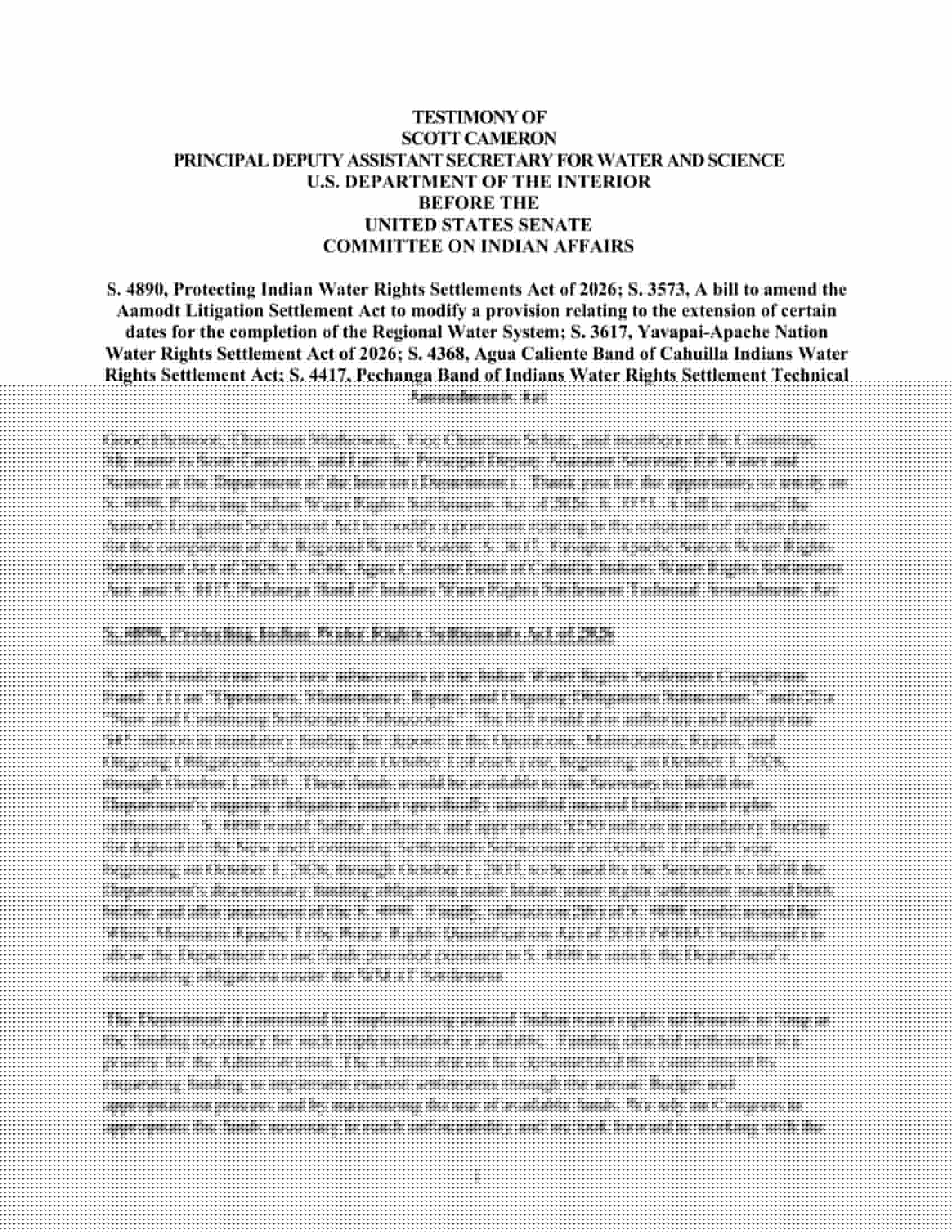 Testimony: Scott Cameron, Department of the Interior