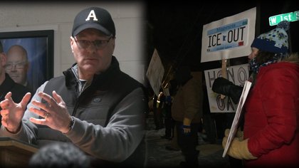 Stauber touts labor bill, draws protestors