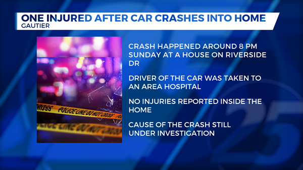 One injured after car crashes into home in Gautier