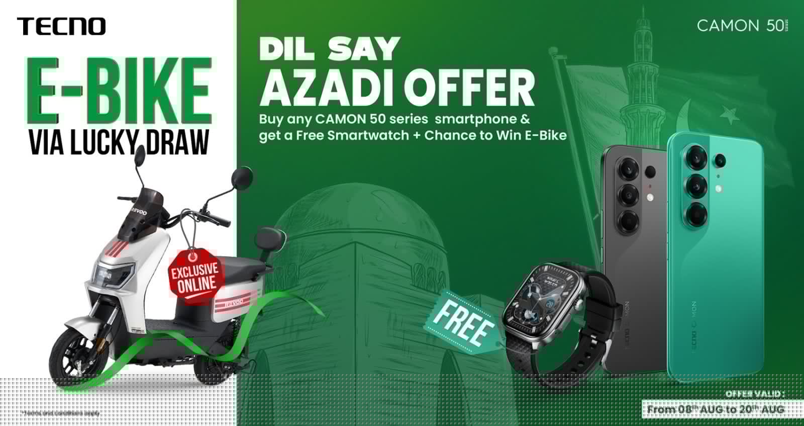 Celebrate Independence Day with TECNO: Get a Free Smartwatch Worth PKR 10,000 & Win a Revoo Y06 Electric Bike