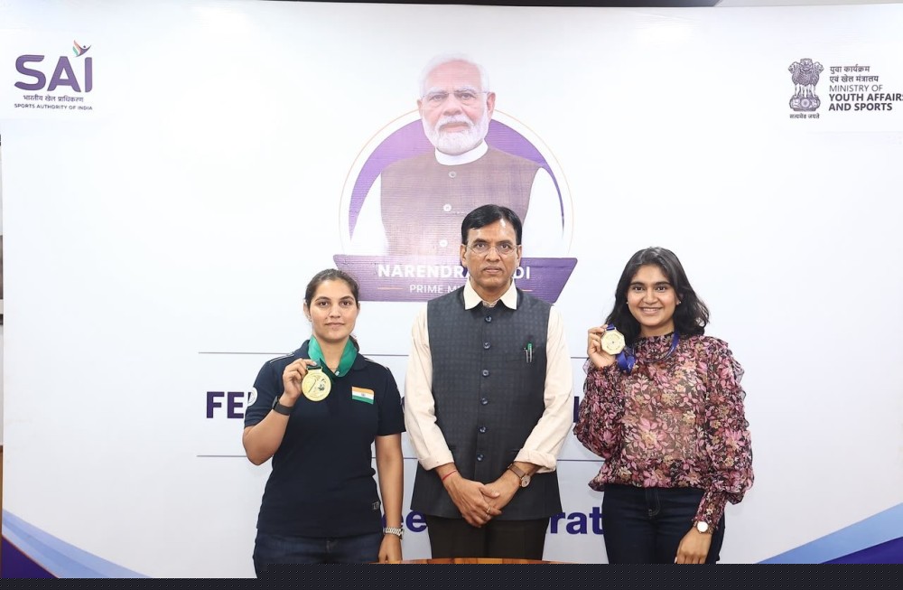 Sports Min Mandaviya felicitates ISSF World Cup gold medallists Esha Singh, Neeru Dhanda