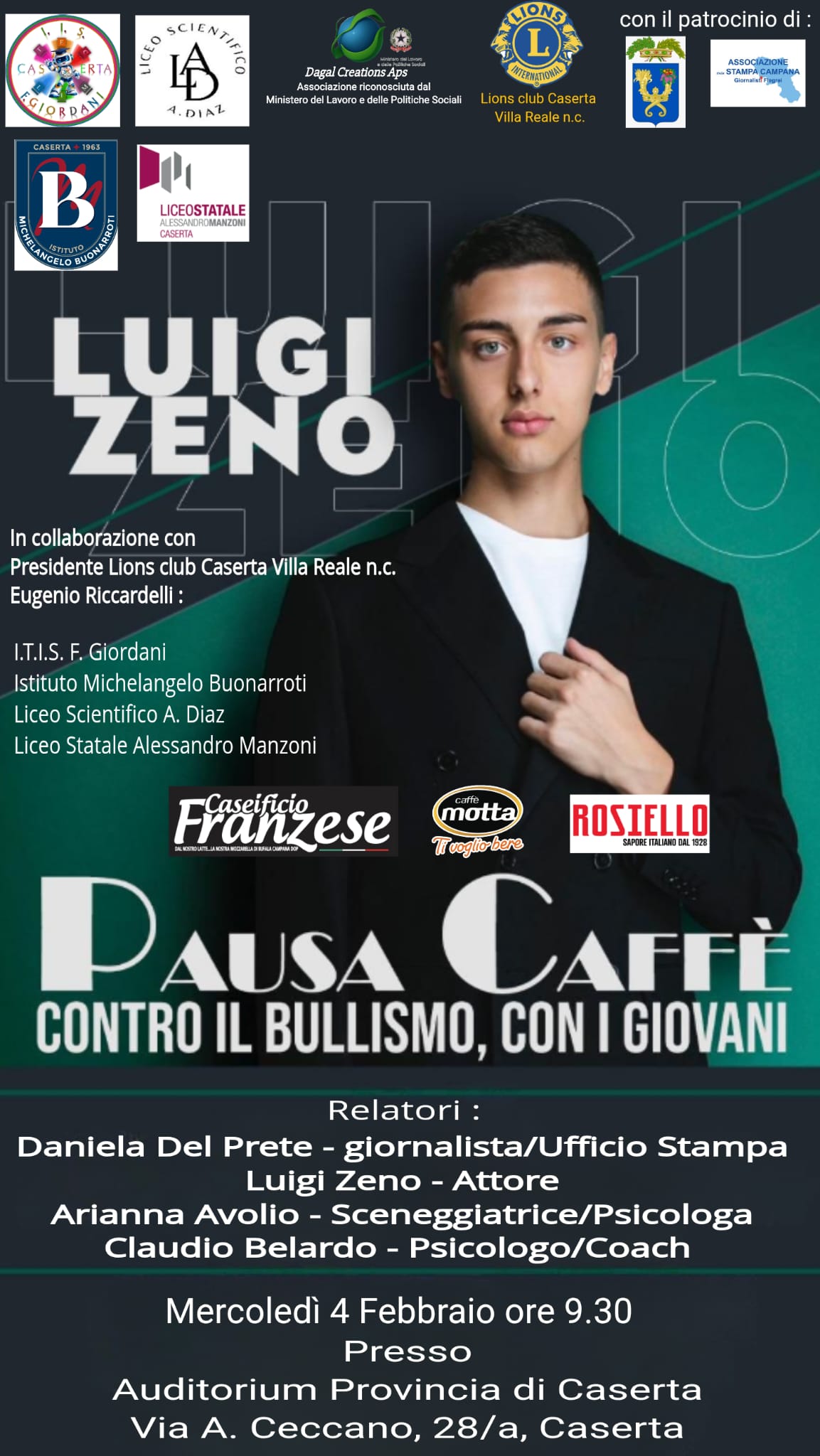 Pausa Caffè contro il Bullismo: Luigi Zeno e gli esperti incontrano gli studenti all’Auditorium della Provincia di Caserta