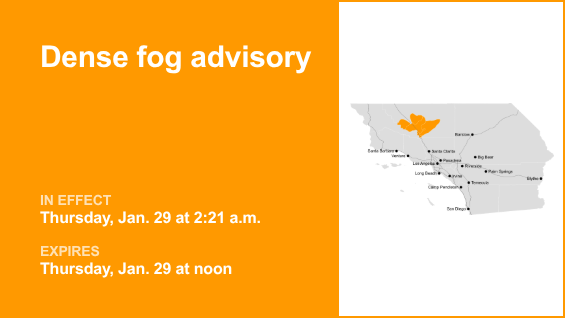 Dense fog advisory active for 5 Freeway through Grapevine until Thursday midday – visibility limited to 1/4 mile