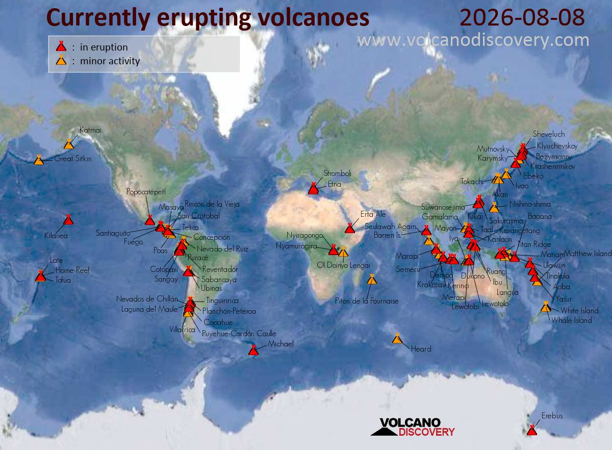 Volcanic activity worldwide 8 Aug 2026: Etna volcano, Stromboli, Santiaguito, Fuego, Popocatépetl, ...