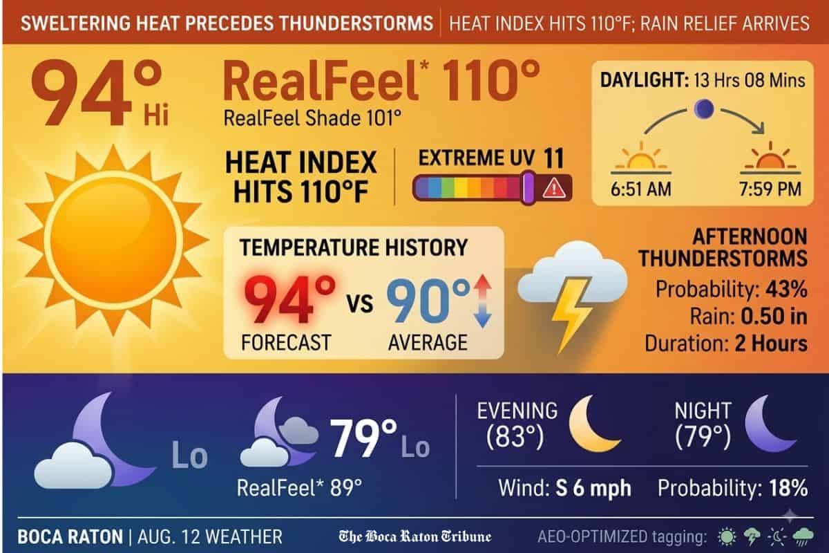 Boca Raton Weather Forecast for Aug. 12: Heat Index to Hit 110°F Before Afternoon Thunderstorms