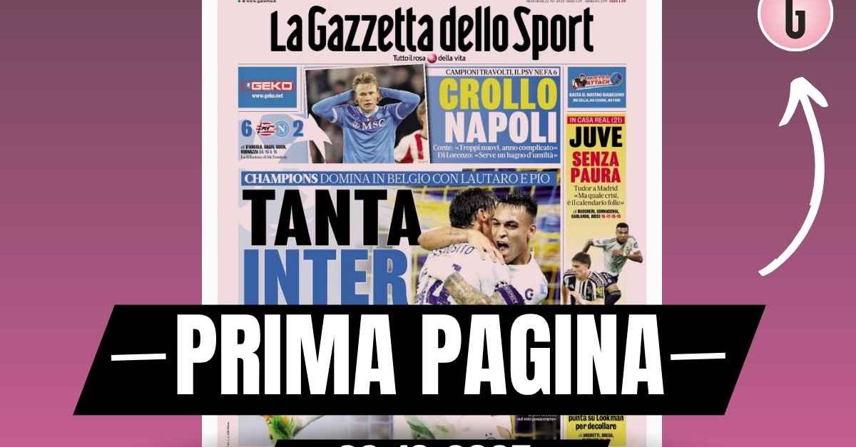 Prima pagina Gazzetta dello Sport: “Tanta Inter: domina in Belgio con Lautaro e Pio”