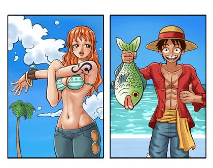 Girl Stretching and Guy Holding Fish Pose Reference - Nami and luffy type shi