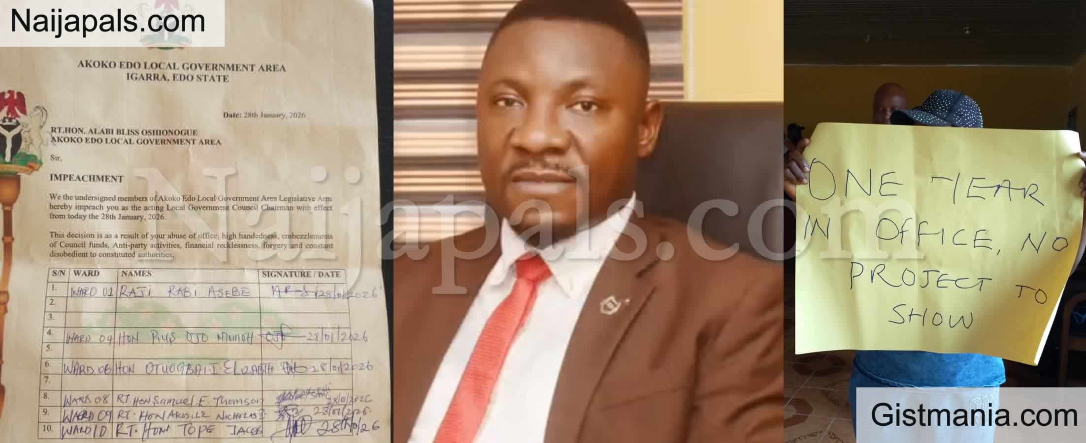 Drama As Edo LGA Chairman, Alabi Bliss Is Impeached And Booed Out Of Office
