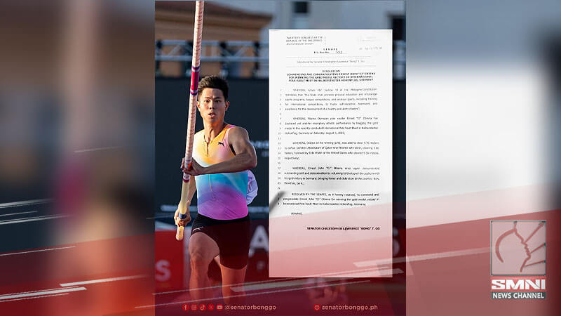 Sen. Bong Go naghain ng resolusyon para parangalan si EJ Obiena