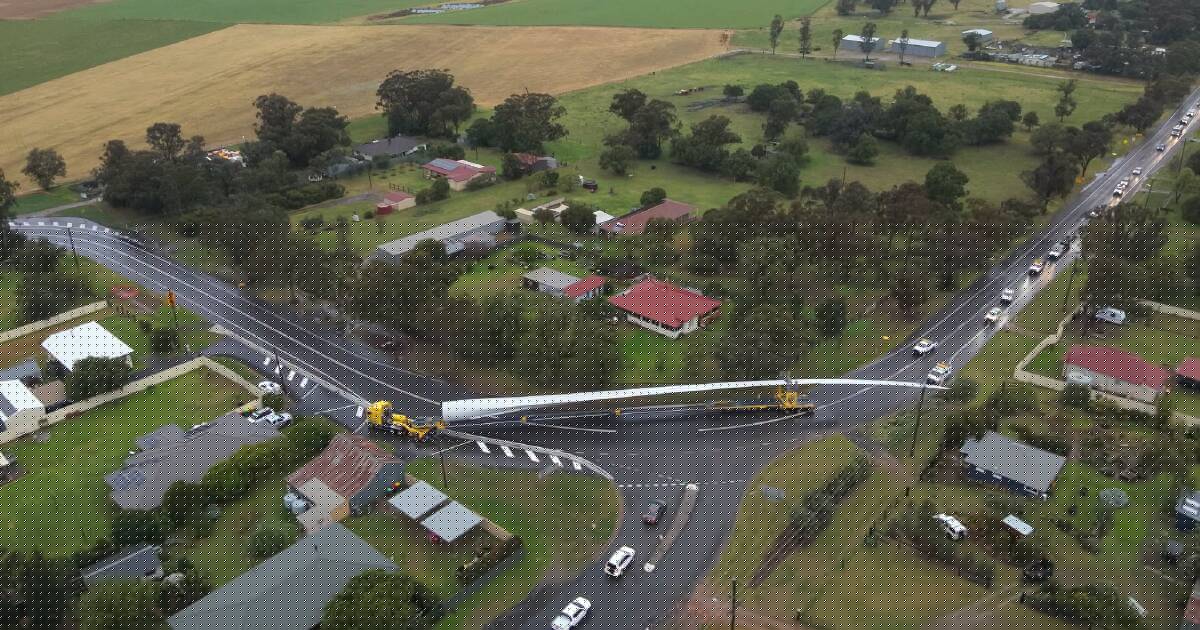 Drone captures first wind turbine blade journeying through Jerrys Plains