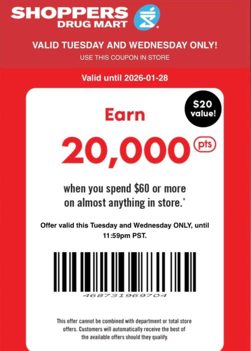 Shoppers Drug Mart Canada Tuesday Coupon: Get 20,000 PC Optimum Points When You Spend $60 or More