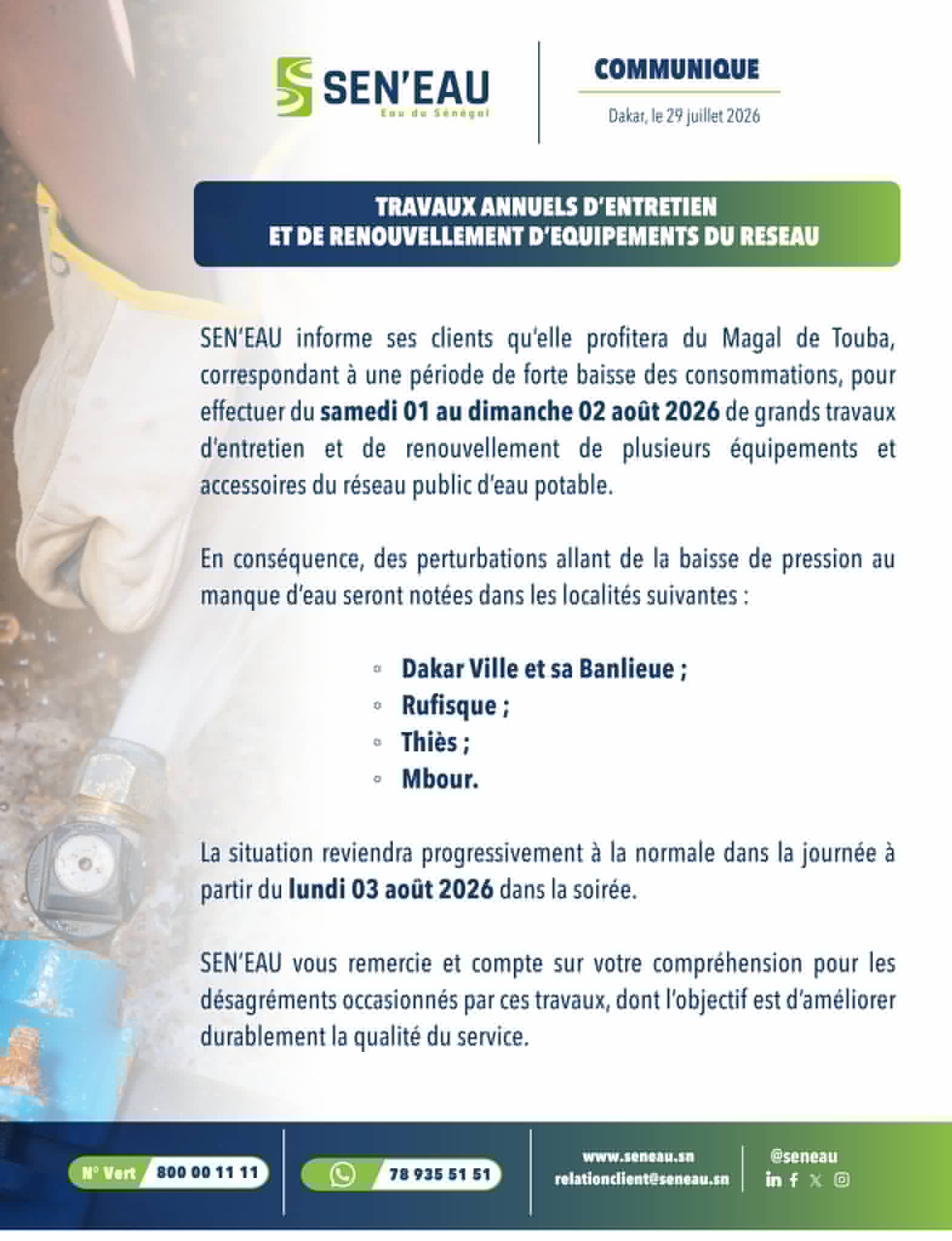 SEN’EAU annonce des perturbations du 1er au 3 août 2026 à Dakar, Rufisque, Thiès et Mbour