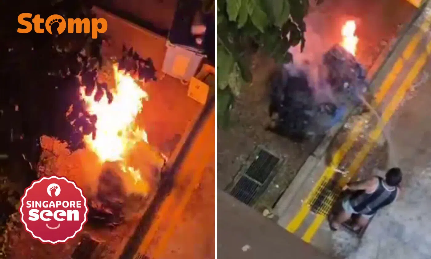 Recycling bin goes up in flames in Sengkang, Stomper grabs hose as fire spreads towards plants