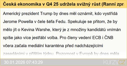 Česká ekonomika v Q4 25 udržela svižný růst (Ranní zpráva z finančního trhu)