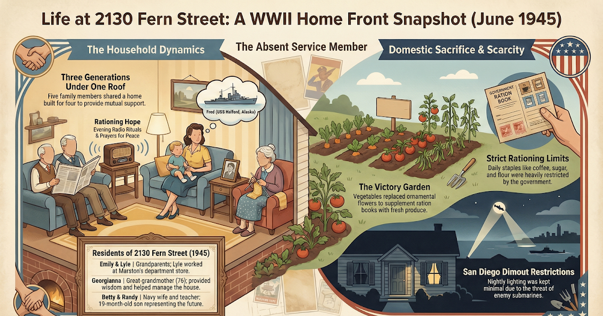 Ask AI: Describe Emily Carringer's Life in San Diego, California in June 1945