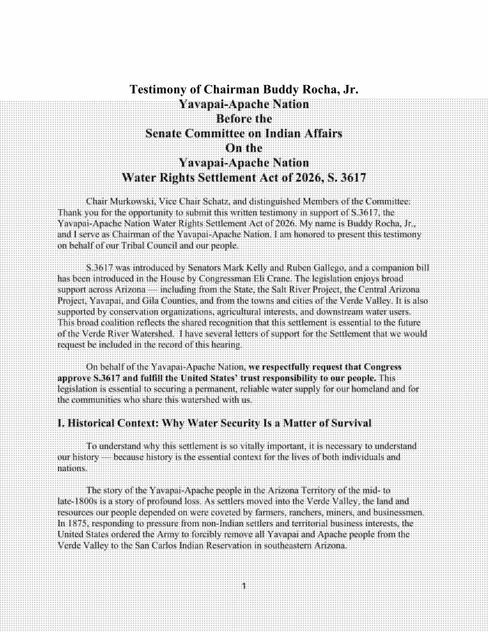 Testimony: Buddy Rocha, Jr., Yavapai-Apache Nation