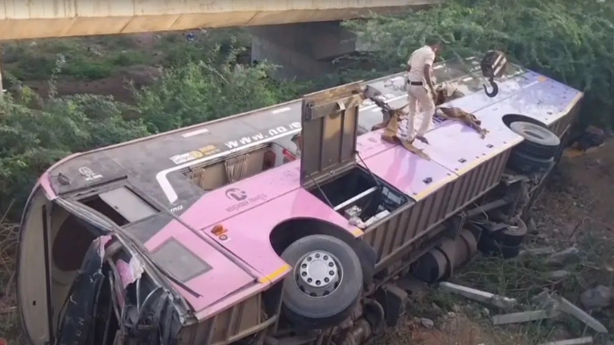 Volvo bus crashes into truck, falls from Poguru bridge in Andhra Pradesh; 40 injured