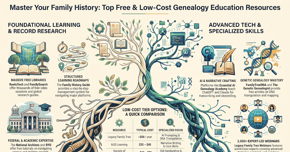 Ask AI: "Describe 20 Free or Low-Cost Genealogy Education Opportunities"