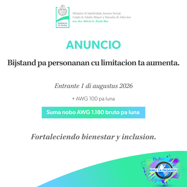 Bijstand pa personanan cu limitacion ta aumenta cu AWG 100,00 pa luna