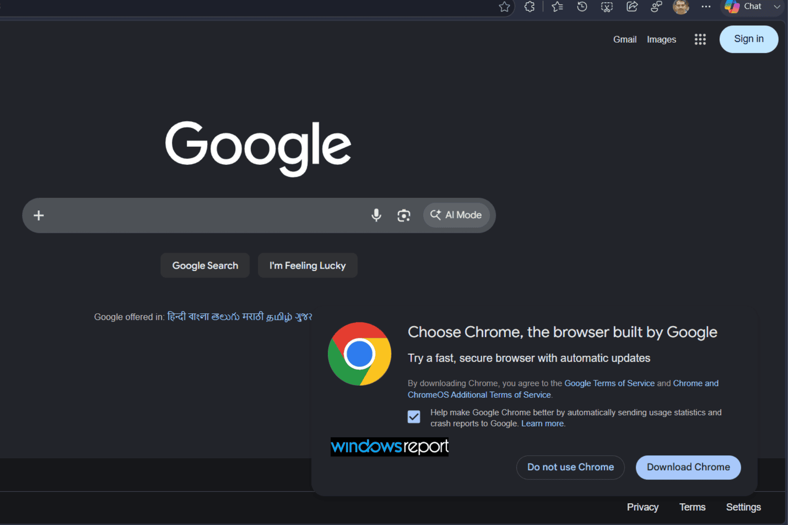 Google tests Chrome download prompt on homepage for Microsoft Edge