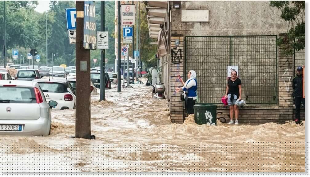 River Seveso overflows its banks in Milan, Italy and floods streets, underpasses