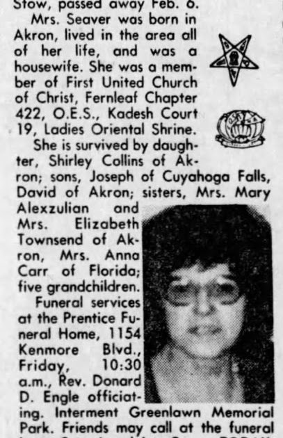 Seavers in the News -- 1985 Obituary of Helen Seaver of Akron, Ohio