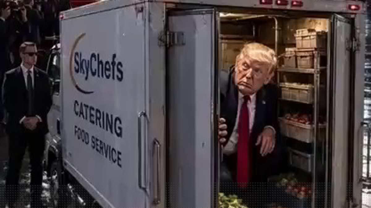 Iran Releases AI-Generated Video Showing Trump Hiding in Catering Container | WATCH