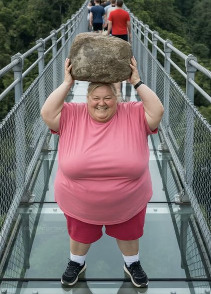 AI Lady With Rock Breaking Glass Bridge - HD Reaction Image of AI Lady With Rock Breaking Glass Bridge