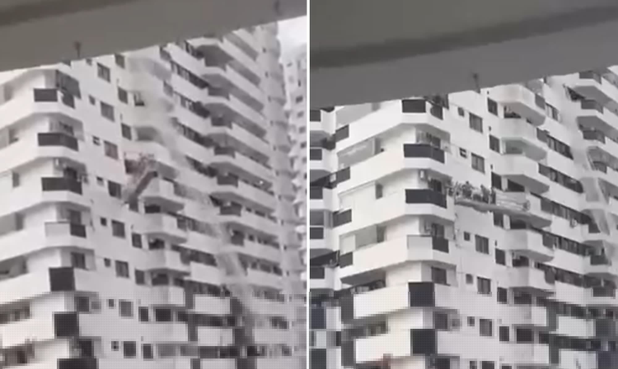 Vídeo: Trabalhadores ficam presos em andaime arremessado contra prédio na Barra, durante ventania