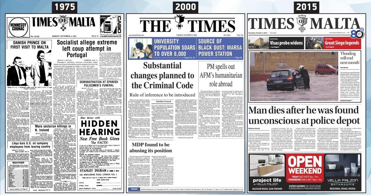 October 3: The front page of Times of Malta 10, 25 and 50 years ago